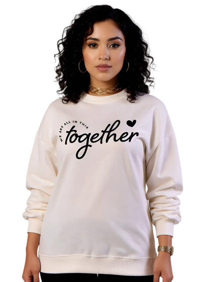 Woman wearing a white sweatshirt with 'together' text on a white background