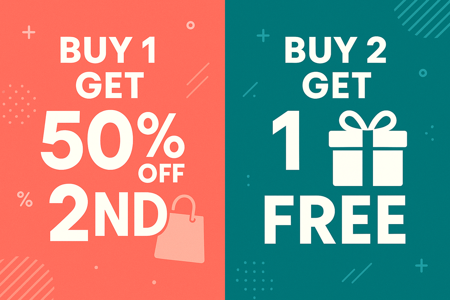 buy 1 get 50% discount on 2nd - buy 2 get 1 free